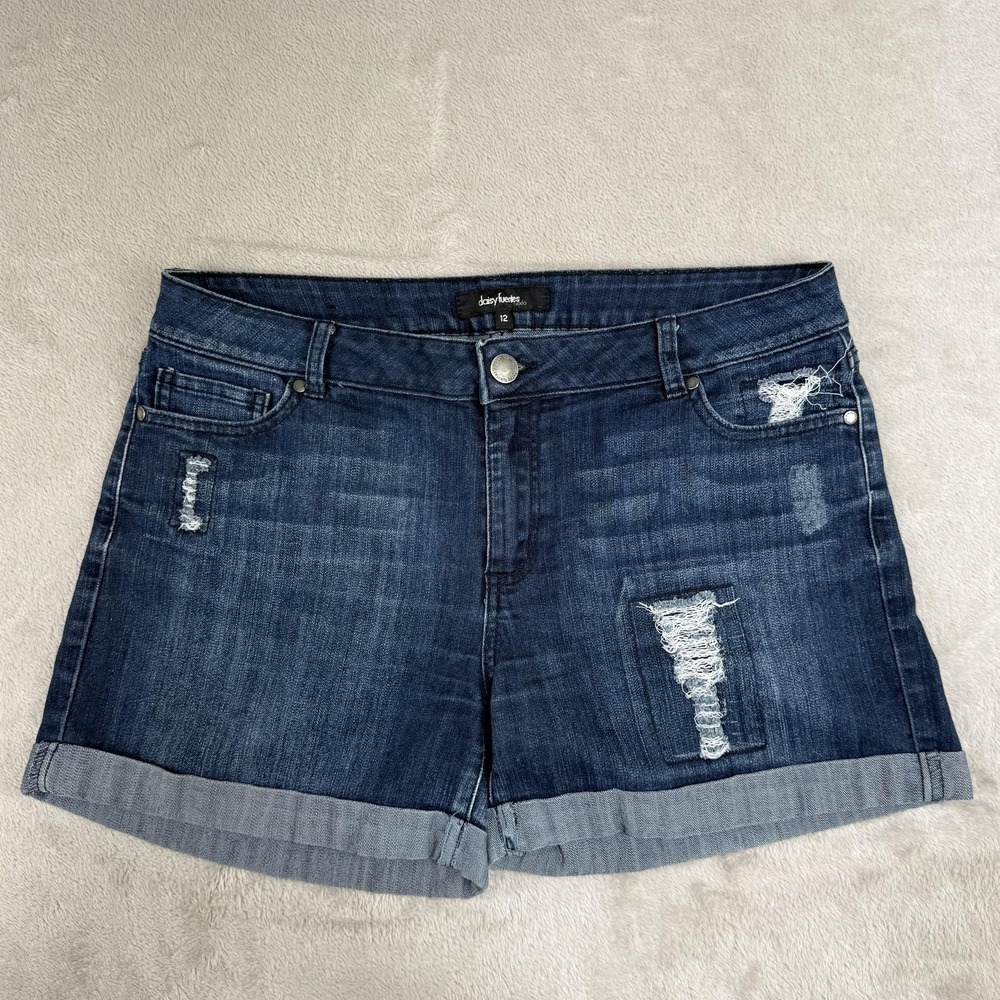 Daisy Fuentes Boyfriend Shorts Womens 12 Blue Denim Distressed Cuffed Stretch